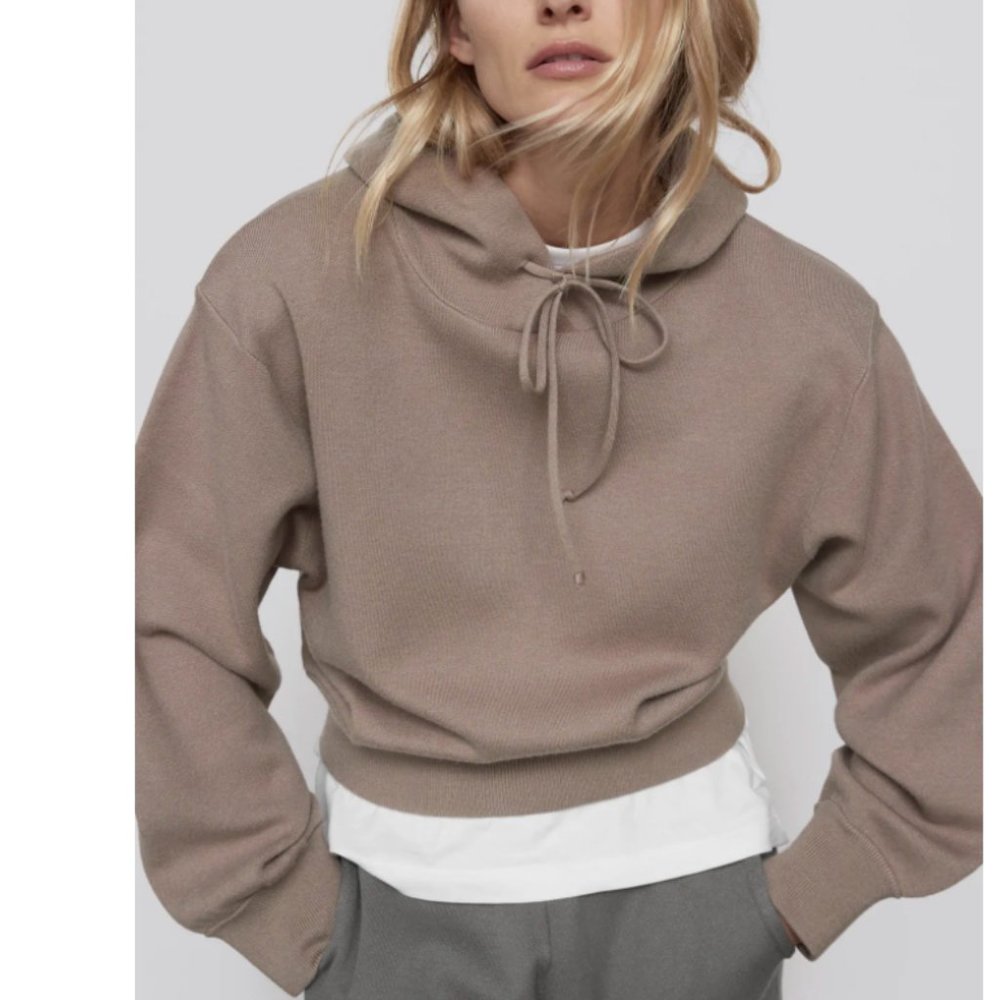 ZARA MINK DRAWSTRING HOODED BANDAGE KNIT SWEATSHIRT